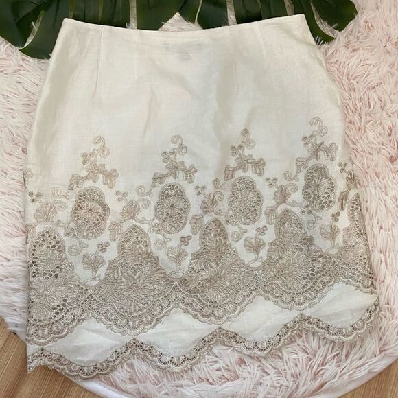 Ann Taylor Petite Linen Cream Tan Metallic Floral Embroidered Eyelet Skirt sz 4 - Picture 4 of 9